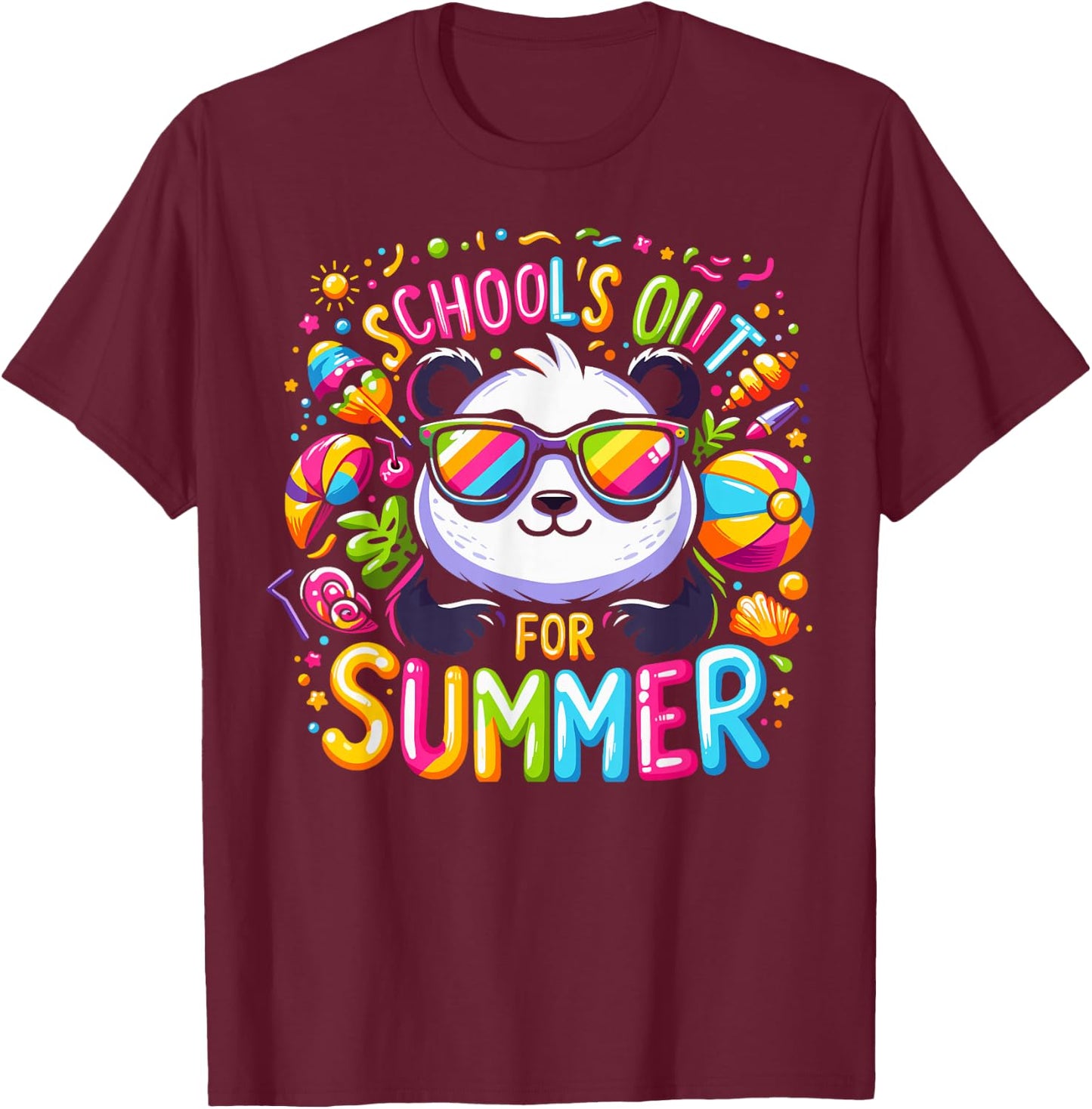 Cute Schools Out For Summer Teacher Kids Girls Boys Panda T-Shirt - T-Shirt | Maroon