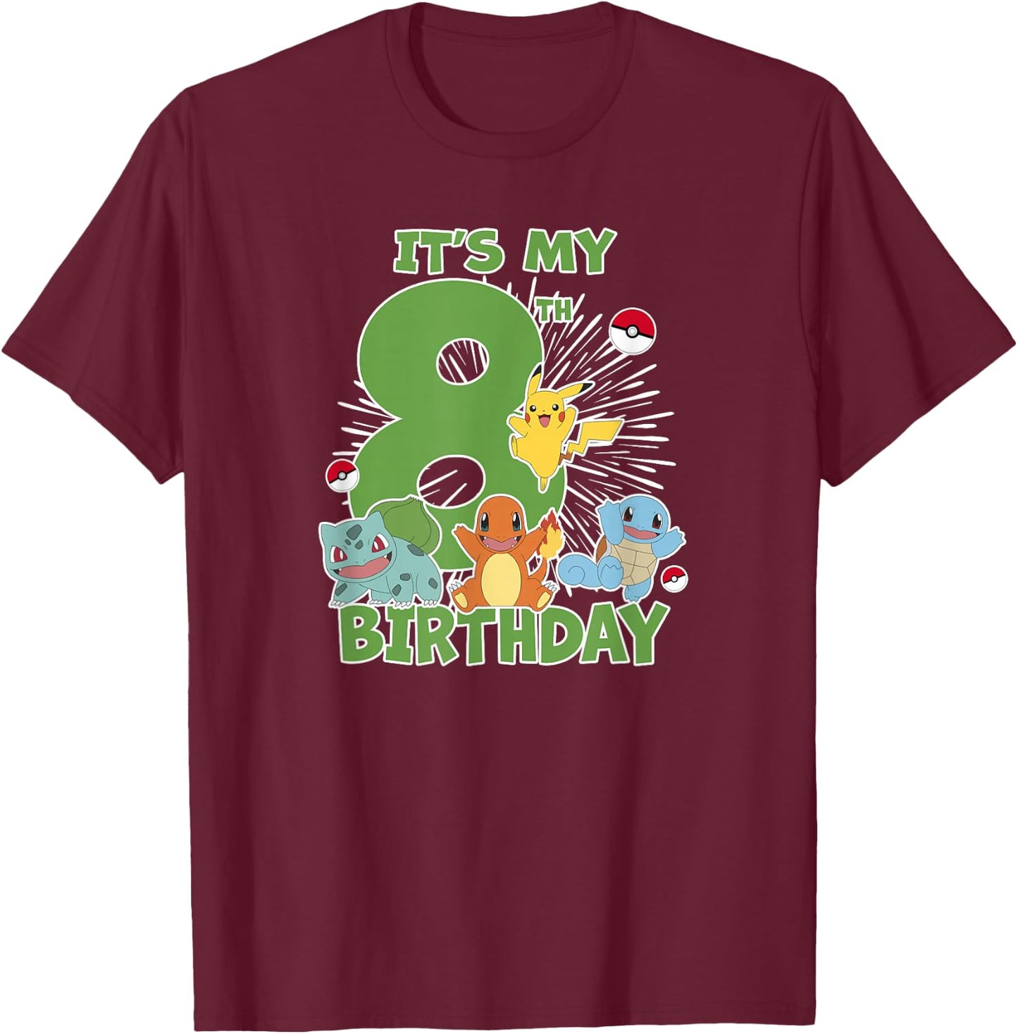 Pokémon It's My 8th Birthday Kanto Starters Celebration T-Shirt - T-Shirt | Maroon