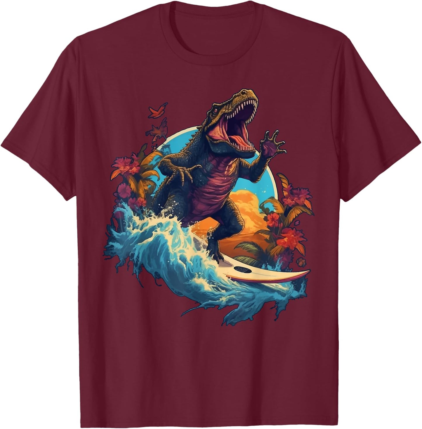 Dinosaur Surfboard Beach Surf Surfer Dinosaur T Rex Surfing T-Shirt - T-Shirt | Maroon