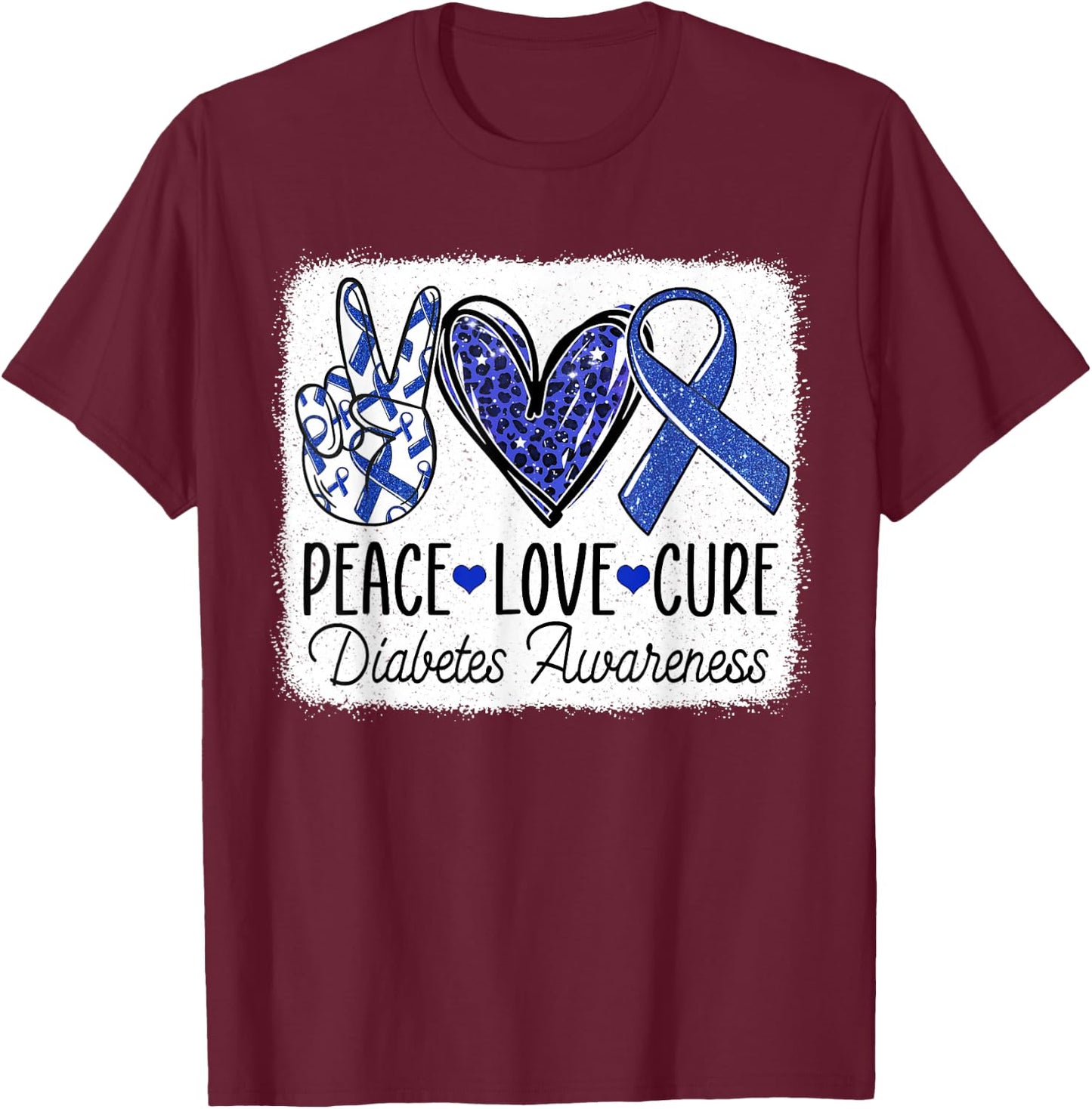 Peace Love Cure Diabetes Awareness Blue Ribbon T1D Type 1 T-Shirt - T-Shirt | Maroon