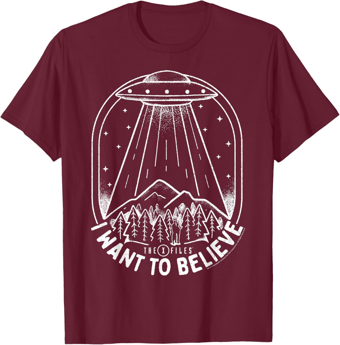 X-Files UFO I Want To Believe Distressed Silhouette Big Logo T-Shirt - T-Shirt | Maroon