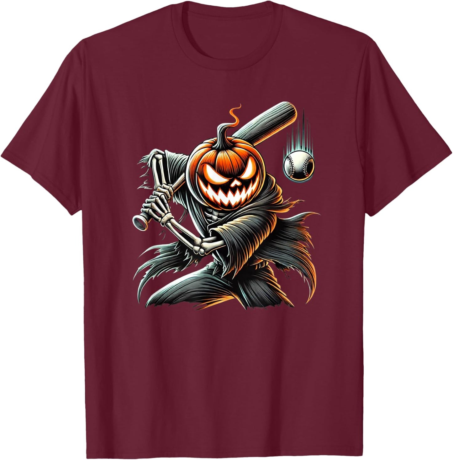 Skeleton Baseball Player Pumpkin Head Halloween Costume 2024 T-Shirt - T-Shirt | Maroon