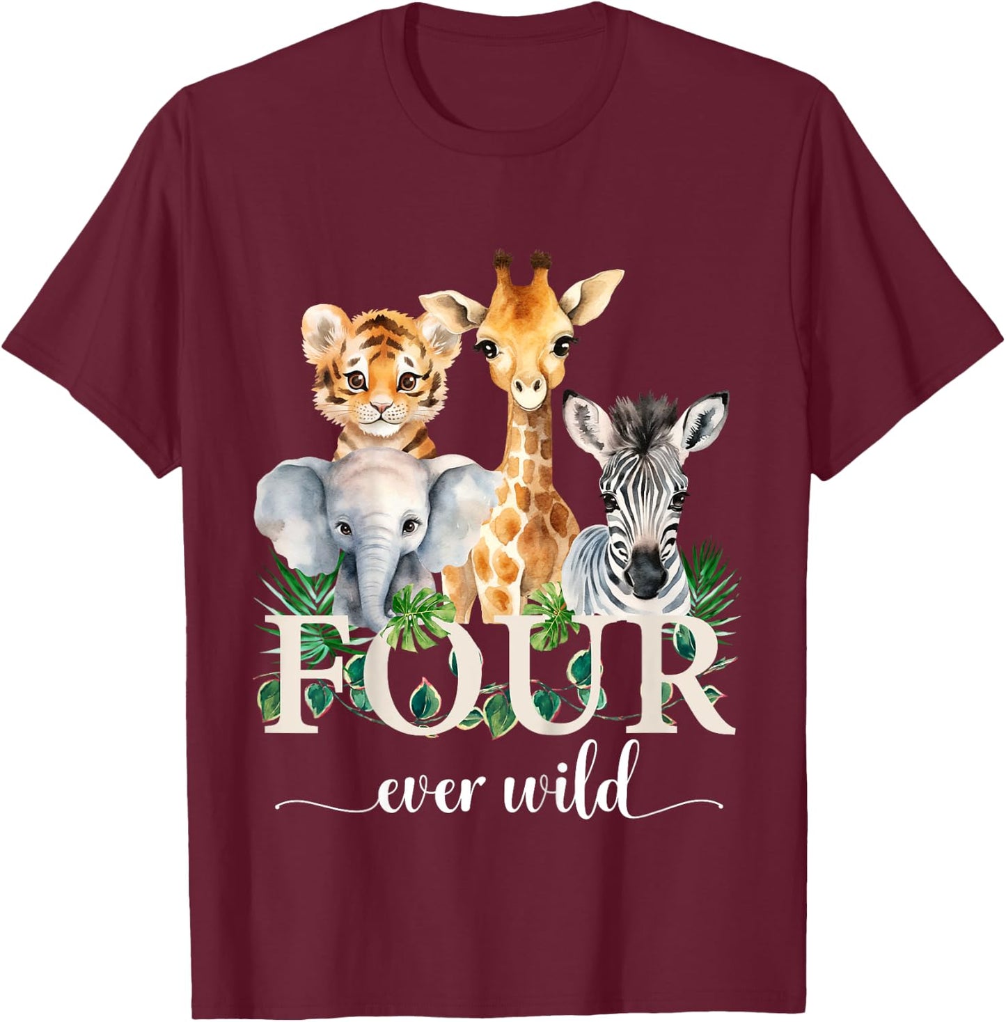 Kids Jungle Birthday Four Ever Wild Zoo Safari Party 4th Animals T-Shirt - T-Shirt | Maroon