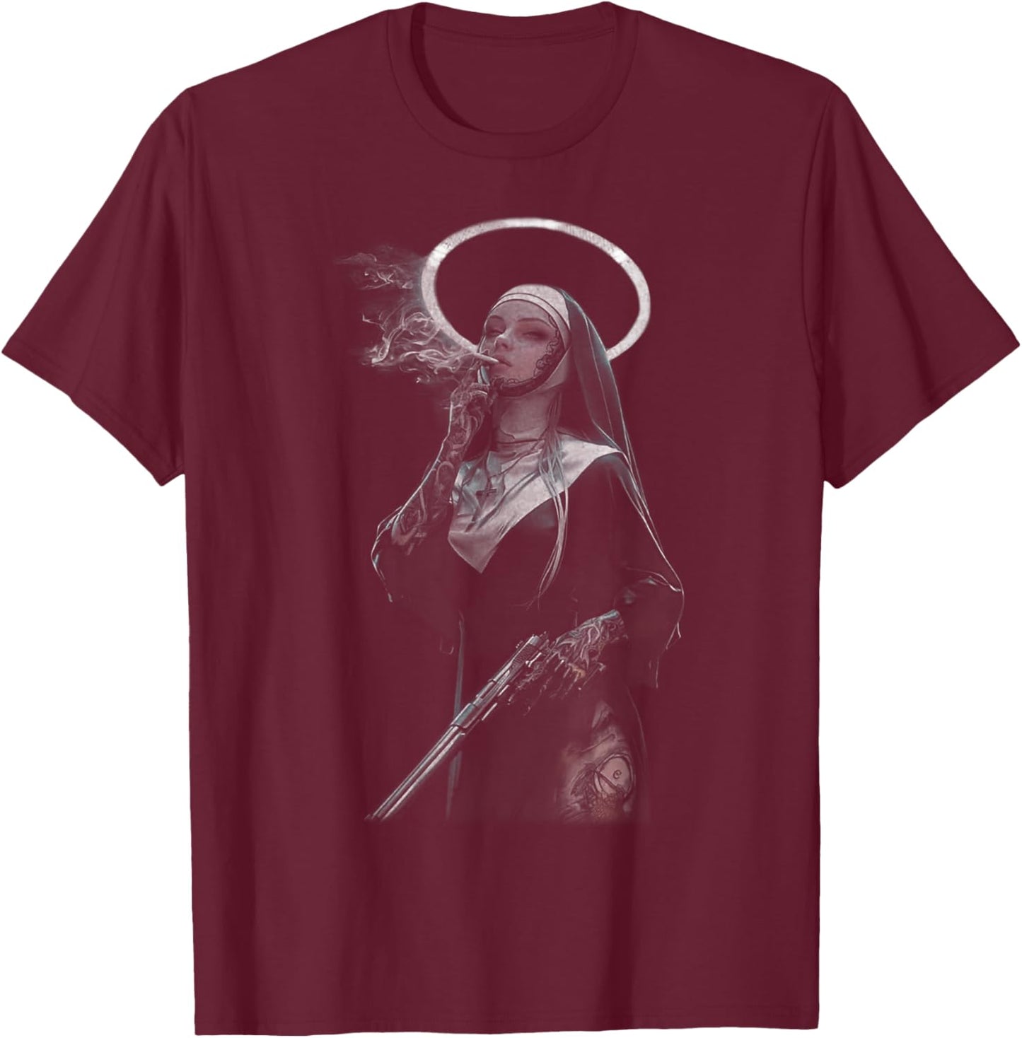 Peachbruh Vintage Cool Smoking Nun Art Dark Style T-Shirt - T-Shirt | Maroon