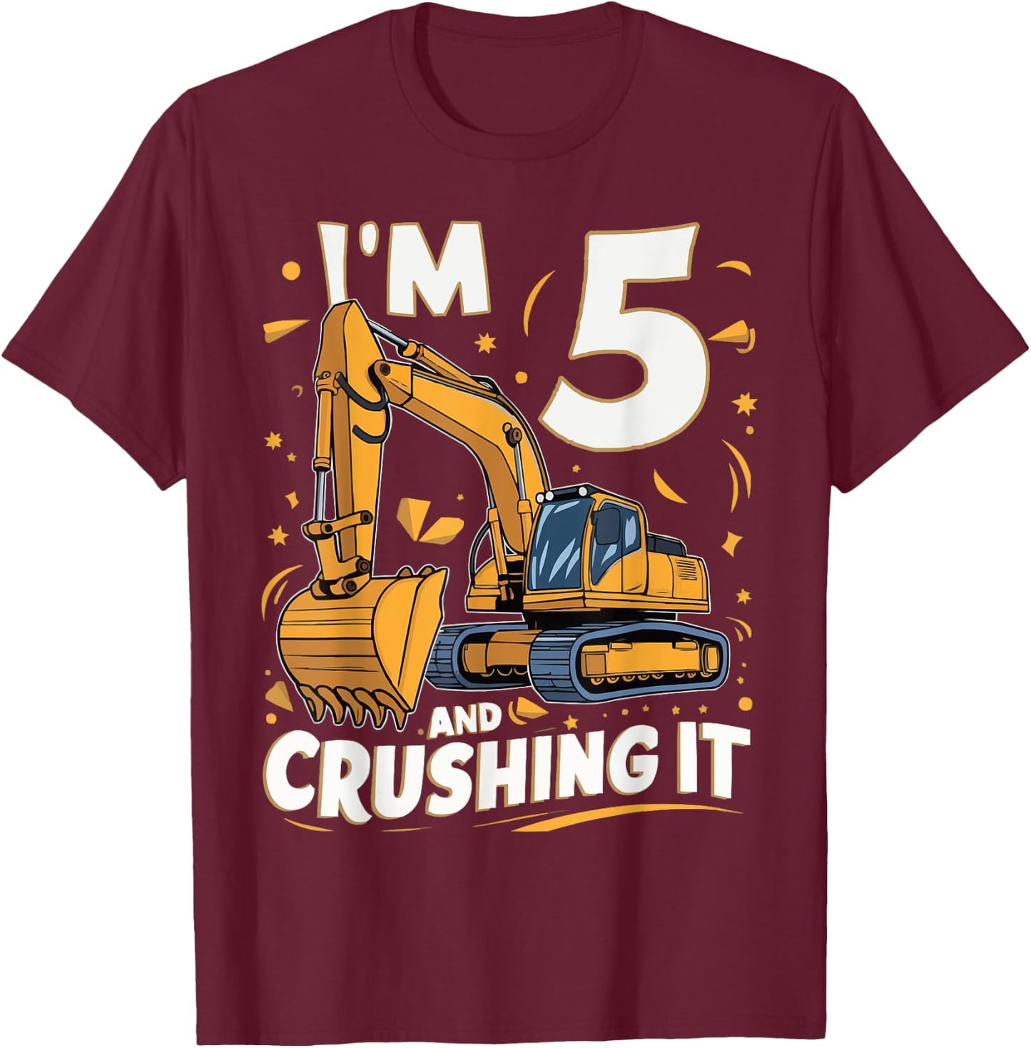 Construction Truck 5th Birthday 5 Years Old Digger Builder T-Shirt - T-Shirt | Maroon