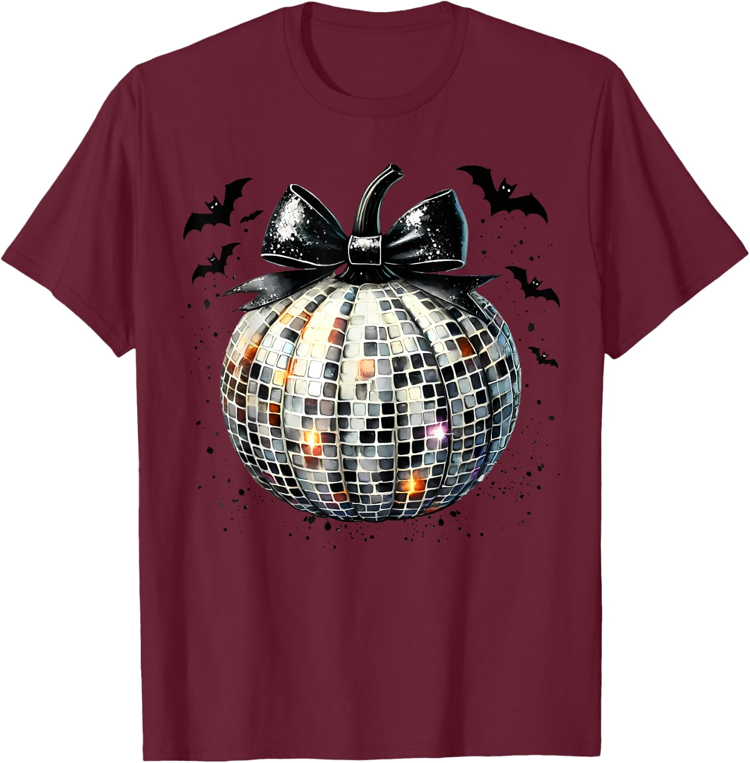 Retro Disco Ball Coquette Pumpkin Halloween Thanksgiving T-Shirt - T-Shirt | Maroon