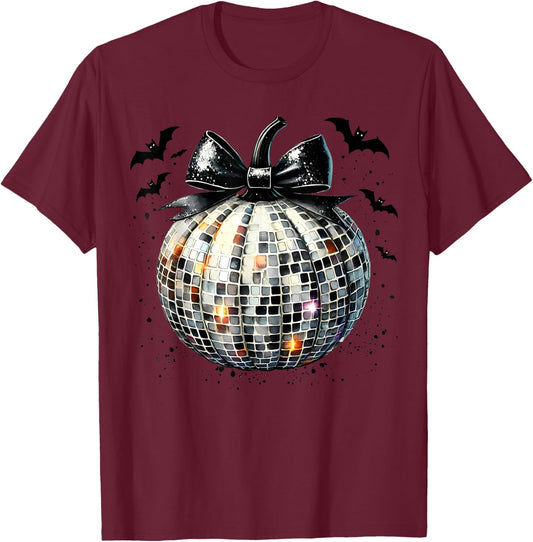 Retro Disco Ball Coquette Pumpkin Halloween Thanksgiving T-Shirt - T-Shirt | Maroon