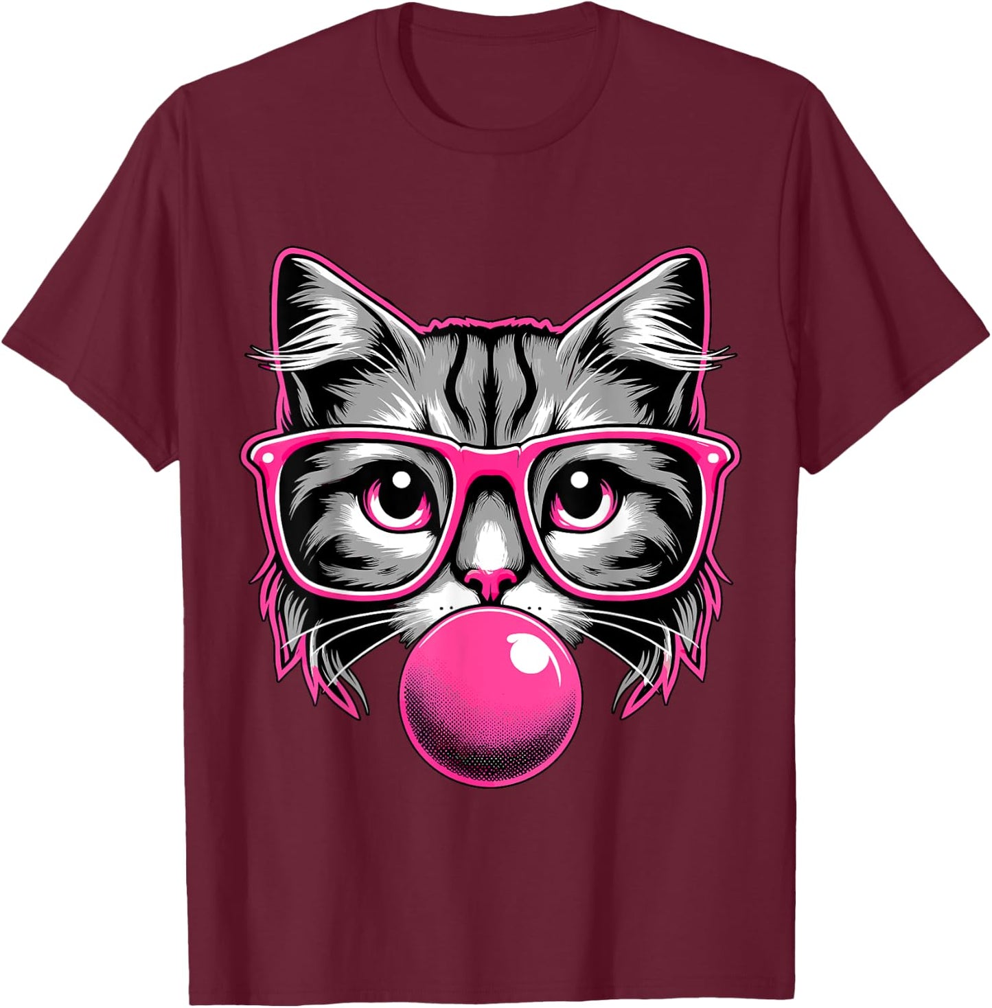 Cat with Glasses and Bubblegum Women Girls Kids T-Shirt - T-Shirt | Maroon