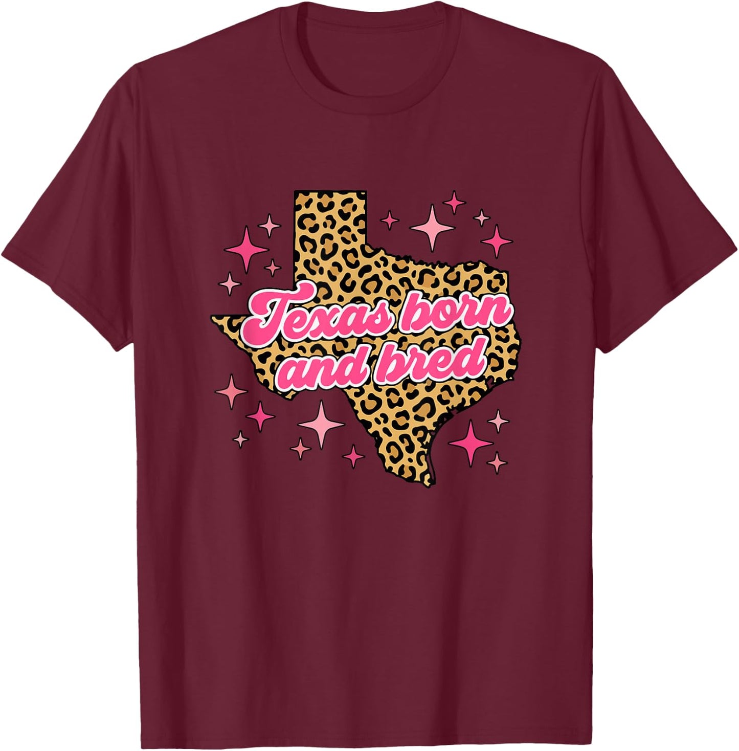 Texas Born and Bred Retro Pink Leopard Print Map T-Shirt - T-Shirt | Maroon