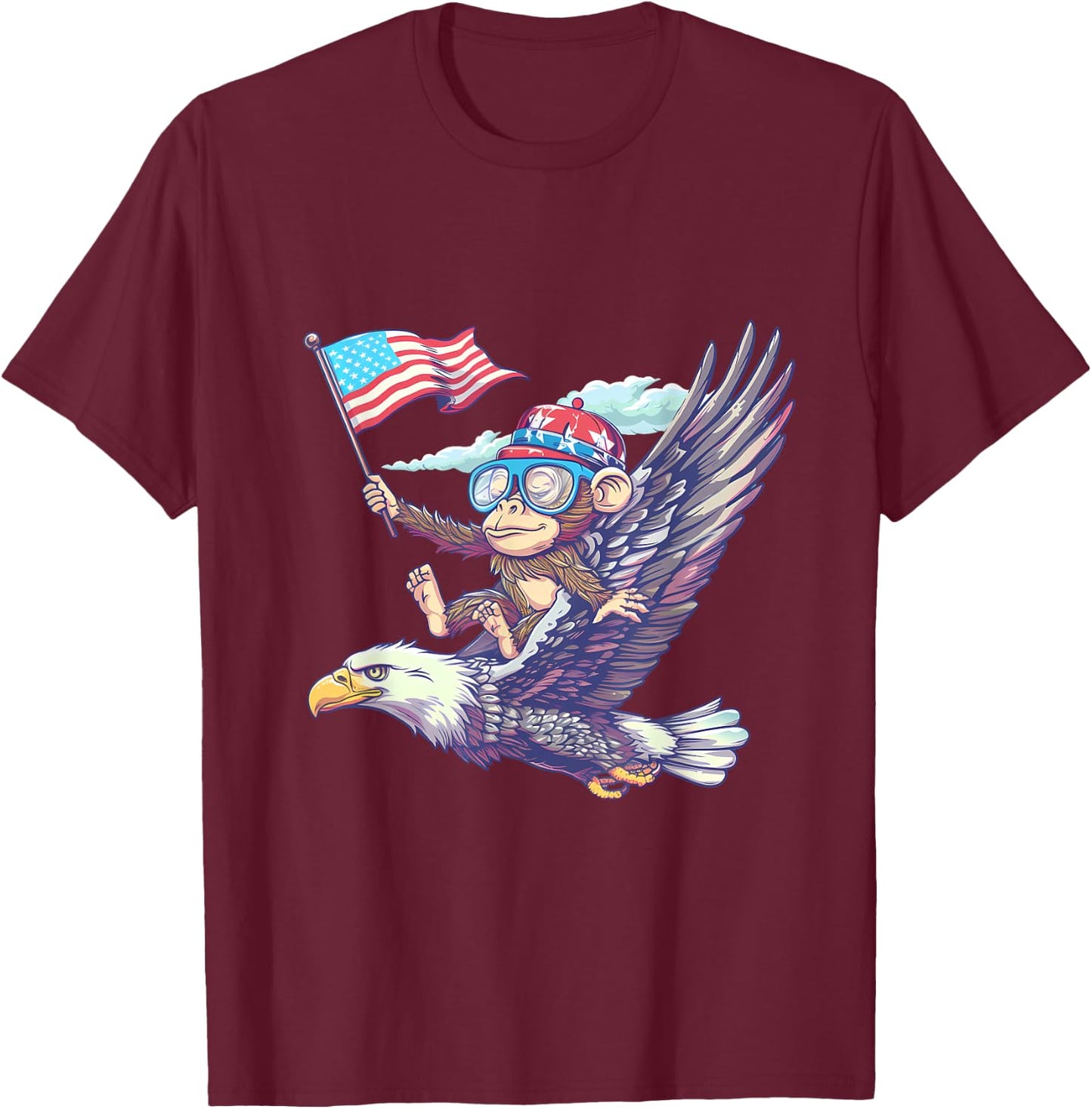 Funny Monkey Bald Eagle American Flag USA Fourth Of July T-Shirt - T-Shirt | Maroon