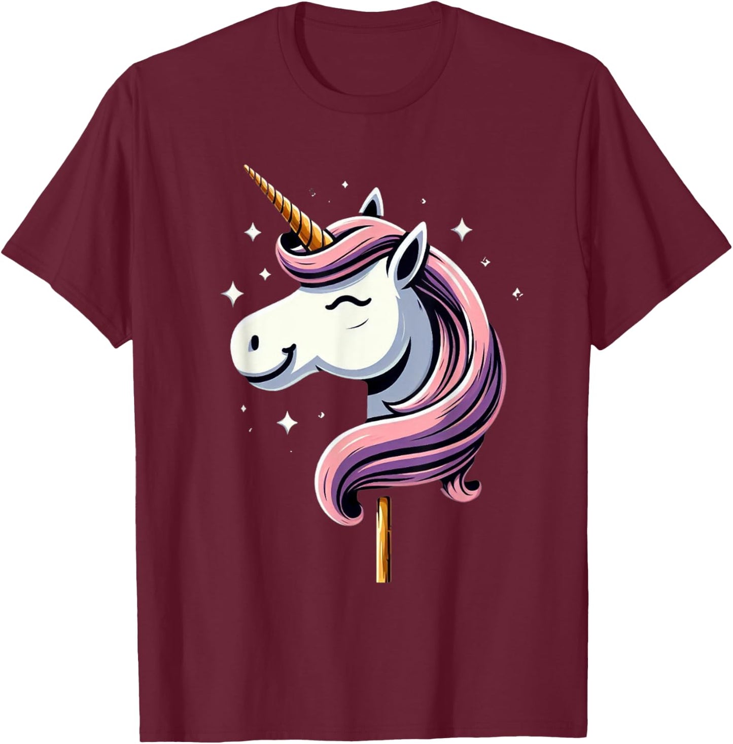 Unicorn Riding Stick Horse Boys Girls Men Women Kids Adults T-Shirt - T-Shirt | Maroon