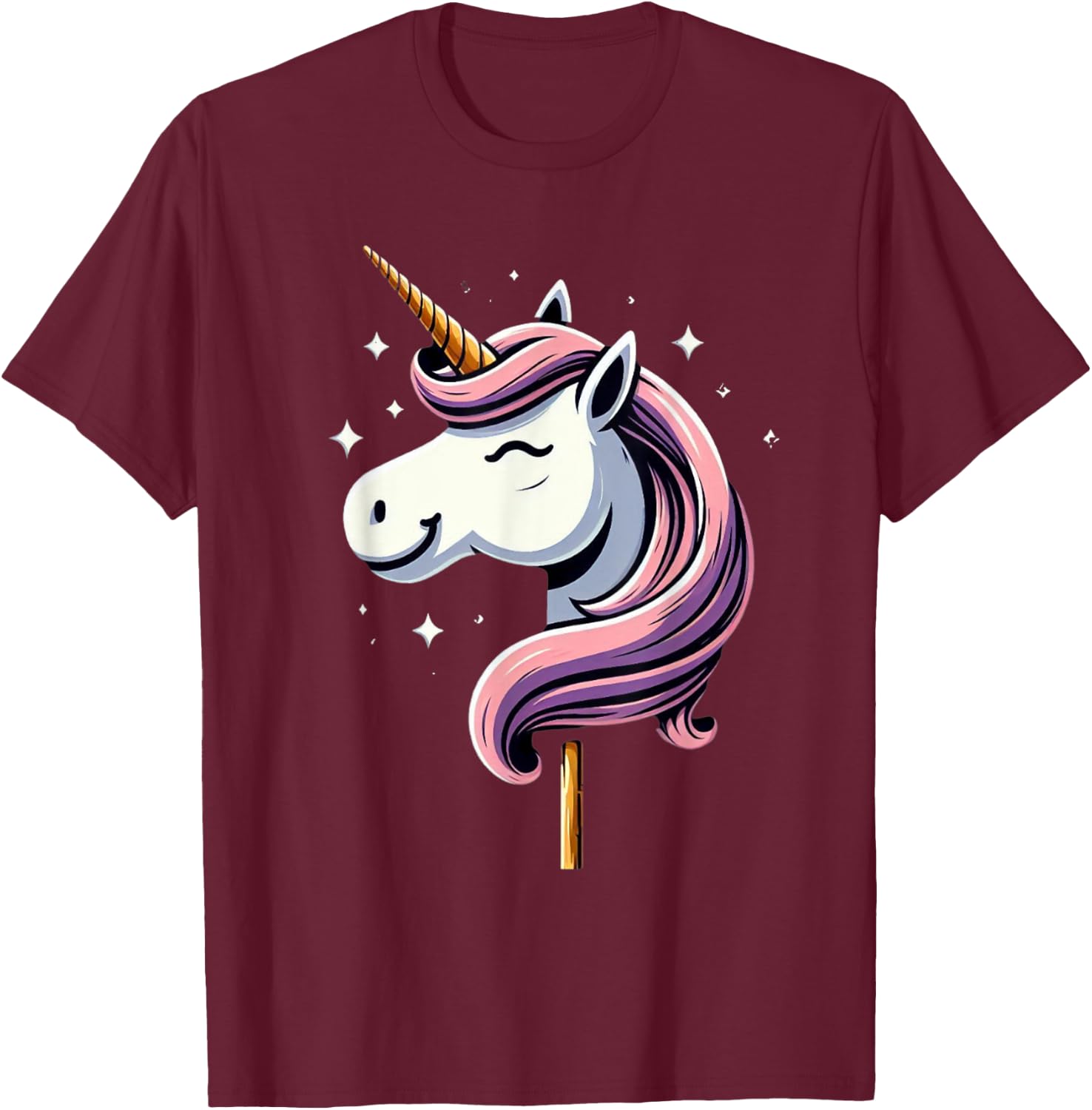 Unicorn Riding Stick Horse Boys Girls Men Women Kids Adults T-Shirt - T-Shirt | Maroon