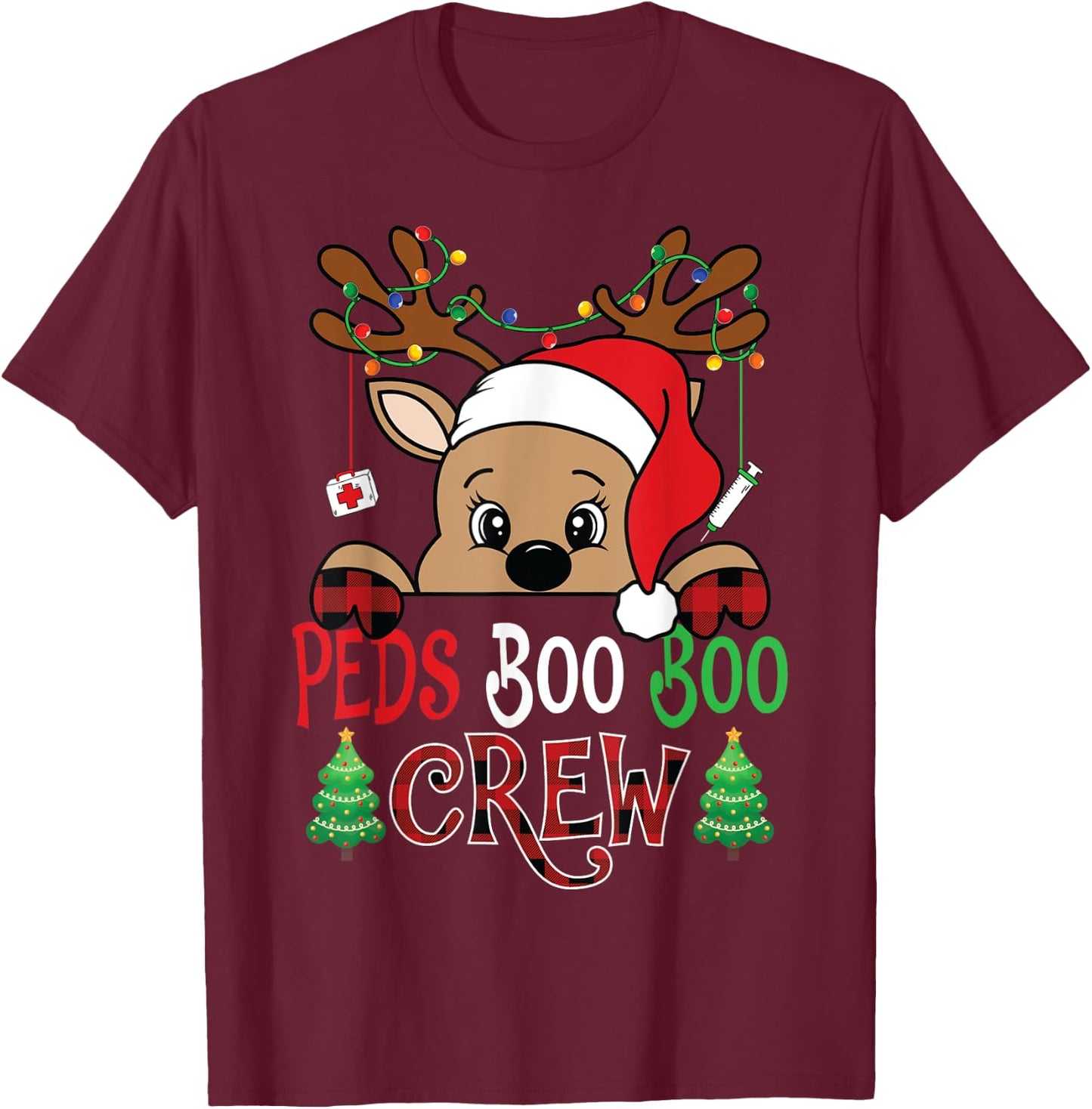 Reindeer PEDS Boo Boo Crew Pediatric Nurse Christmas T-Shirt - T-Shirt | Maroon