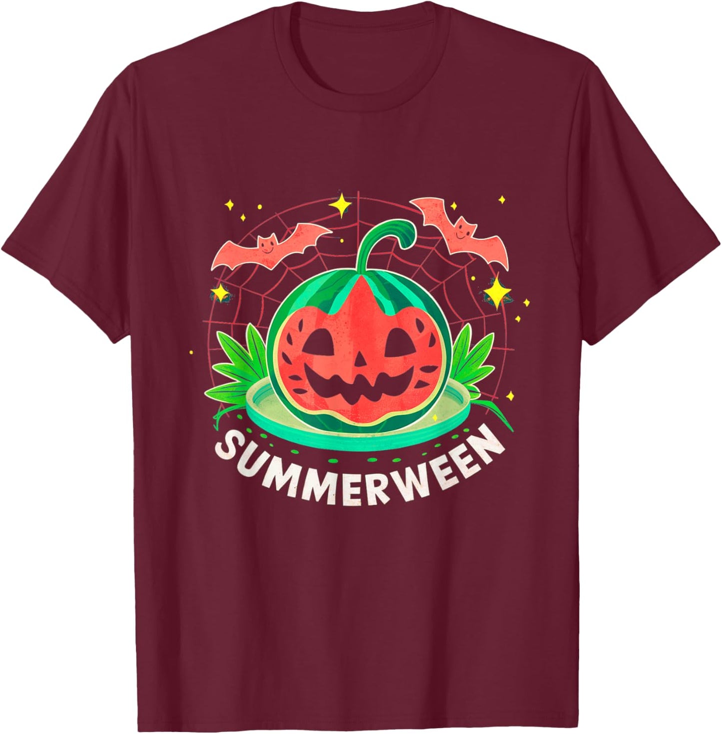 Summerween Summer Halloween Watermelon Pumpkin Vacation T-Shirt - T-Shirt | Maroon