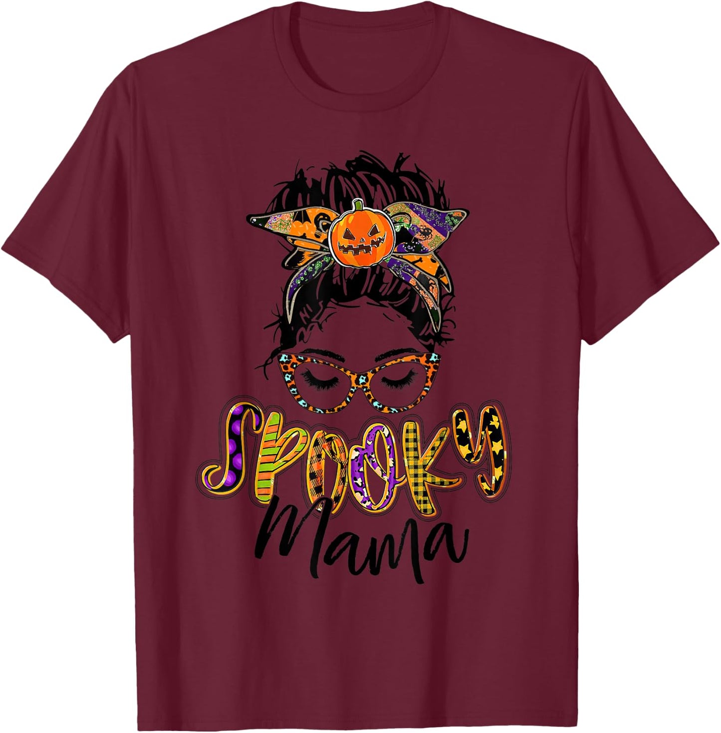 Women Spooky Mama Messy Bun Pumpkin Patch Halloween T-Shirt - T-Shirt | Maroon