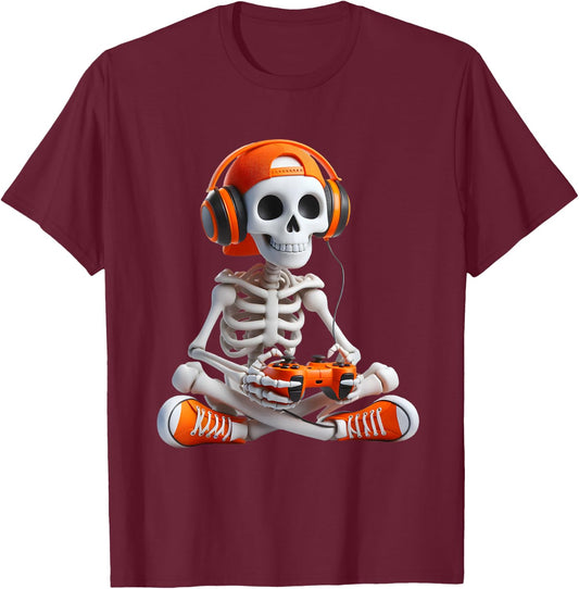 Gaming Skeleton Halloween Gamer Video Games Boys Men Kids T-Shirt - T-Shirt | Maroon