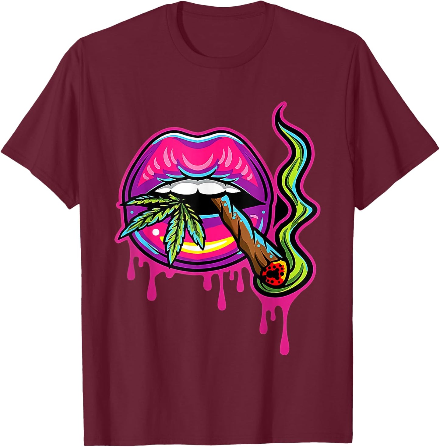 Lips Sexy Smoker Blunt Weed Teeth Marijuana Leaf 420 T-Shirt - T-Shirt | Maroon