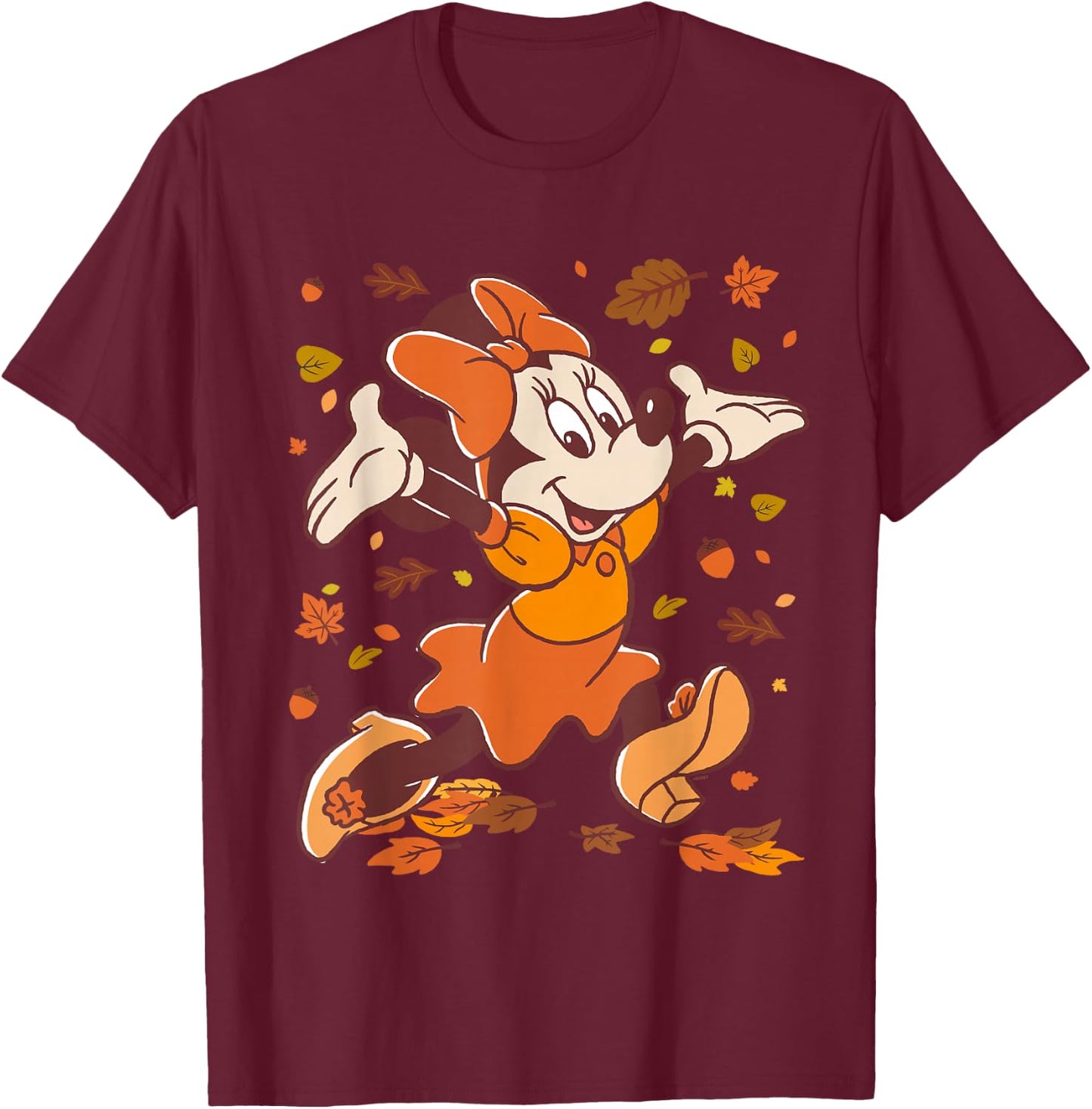 Disney Minnie Mouse Strolling Through Autumn Leaves Fall T-Shirt - T-Shirt | Maroon