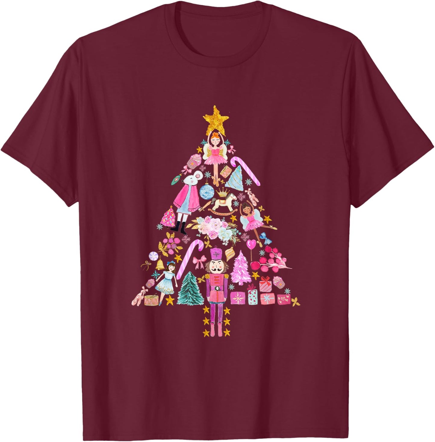 Funny Nutcracker Ballet Sugar Plum Fairy Girl Christmas Tree T-Shirt - T-Shirt | Maroon