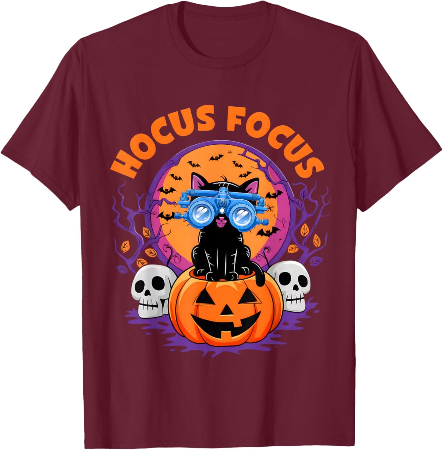 Hocus Focus Optometry Halloween Shirt Eye Doctor Cat T-Shirt - T-Shirt | Maroon