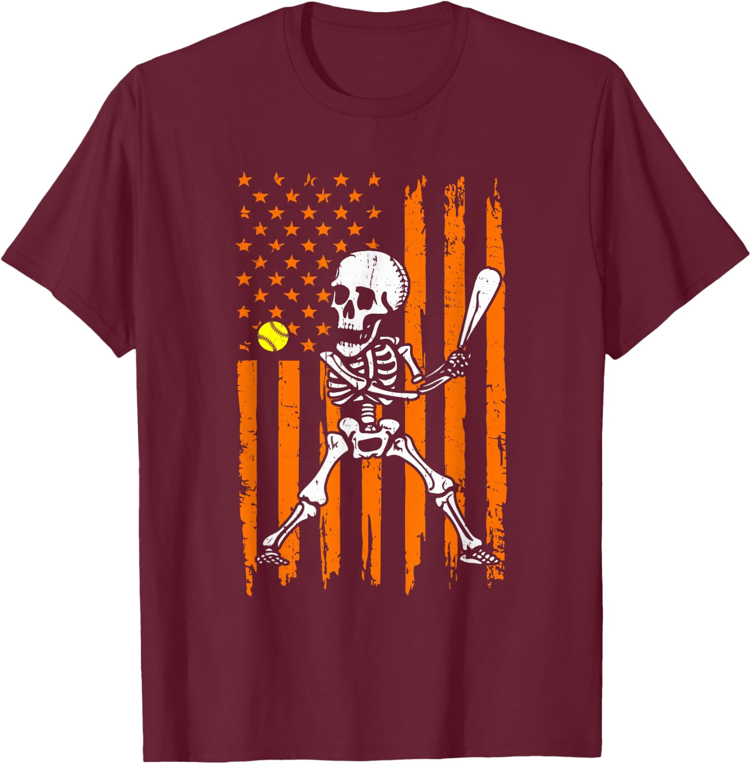 Retro Skeleton Playing Softball USA Flag Halloween Boys Kids T-Shirt - T-Shirt | Maroon