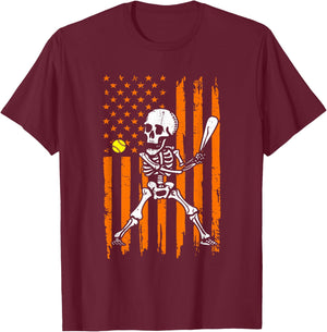 Retro Skeleton Playing Softball USA Flag Halloween Boys Kids T-Shirt - T-Shirt | Maroon