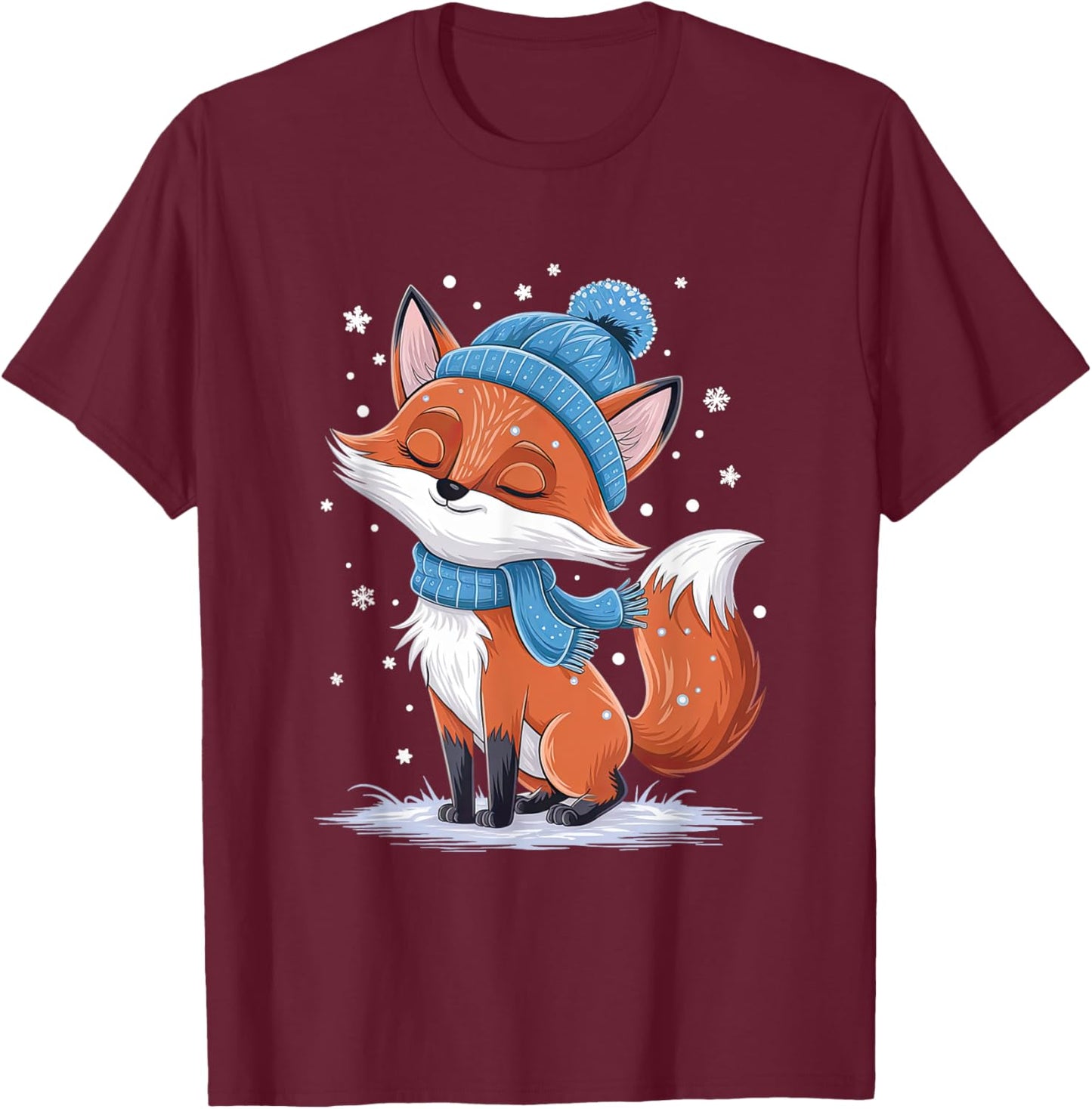 Cozy Winter Fox in Snowy Scarf and Hat T-Shirt - T-Shirt | Maroon