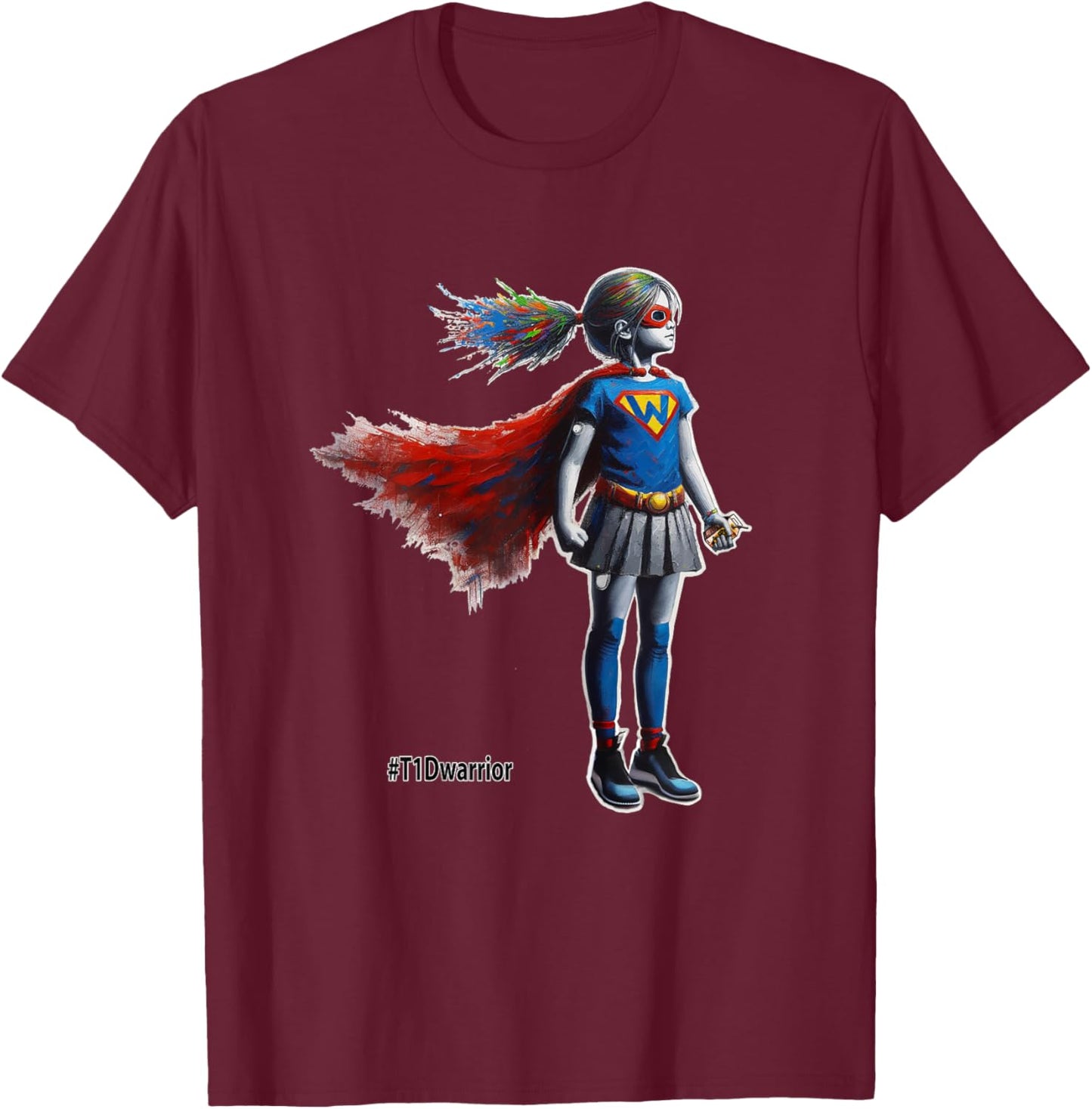 Type 1 Diabetes Superhero Wears CGM and Insulin Pump, T1D T-Shirt - T-Shirt | Maroon