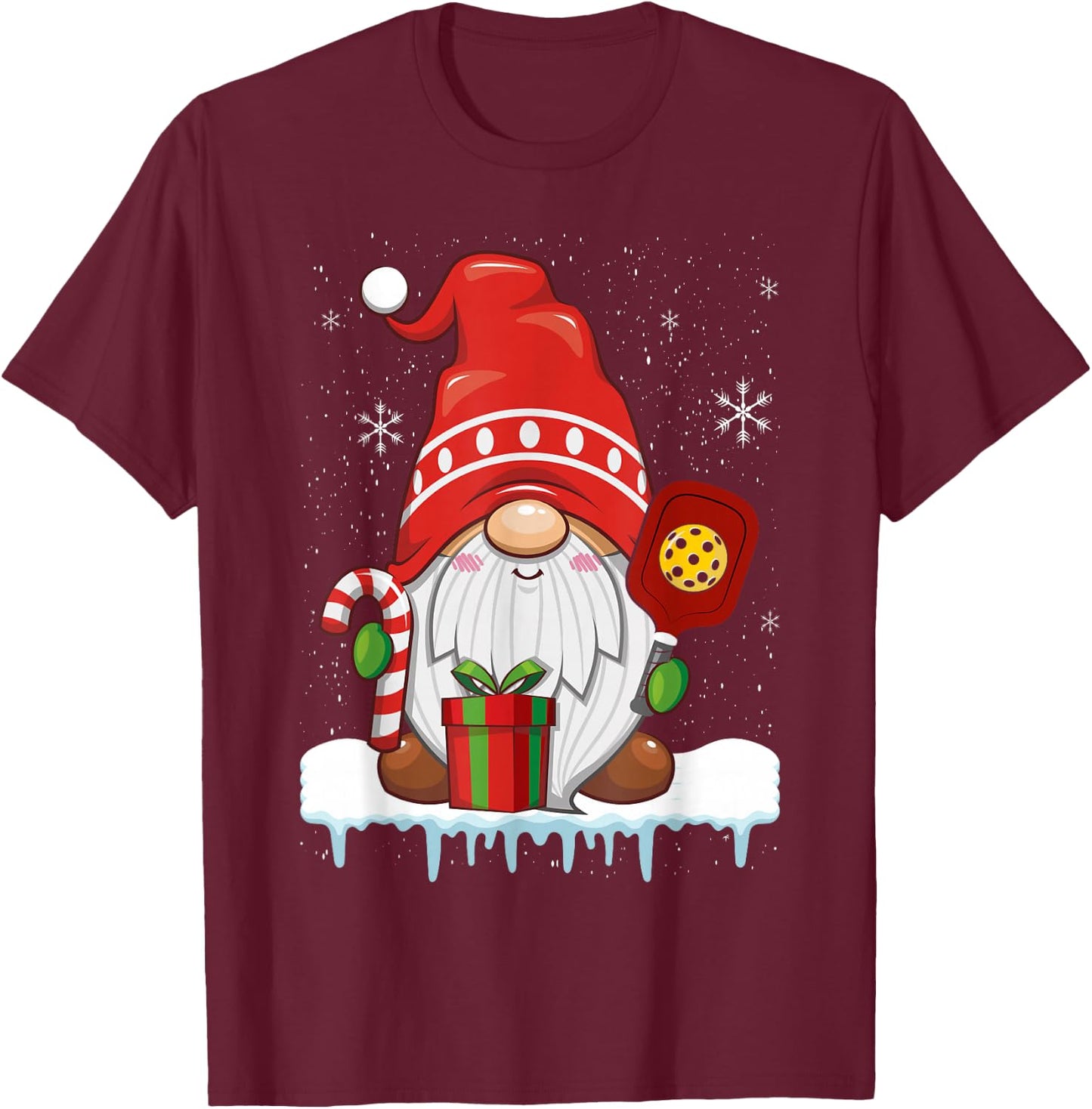 Christmas Gnome With Candy Cane & Pickleball T-Shirt - T-Shirt | Maroon