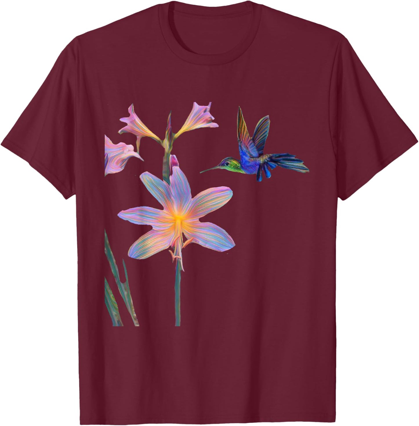 Blue Hummingbird with Flower T-Shirt - T-Shirt | Maroon