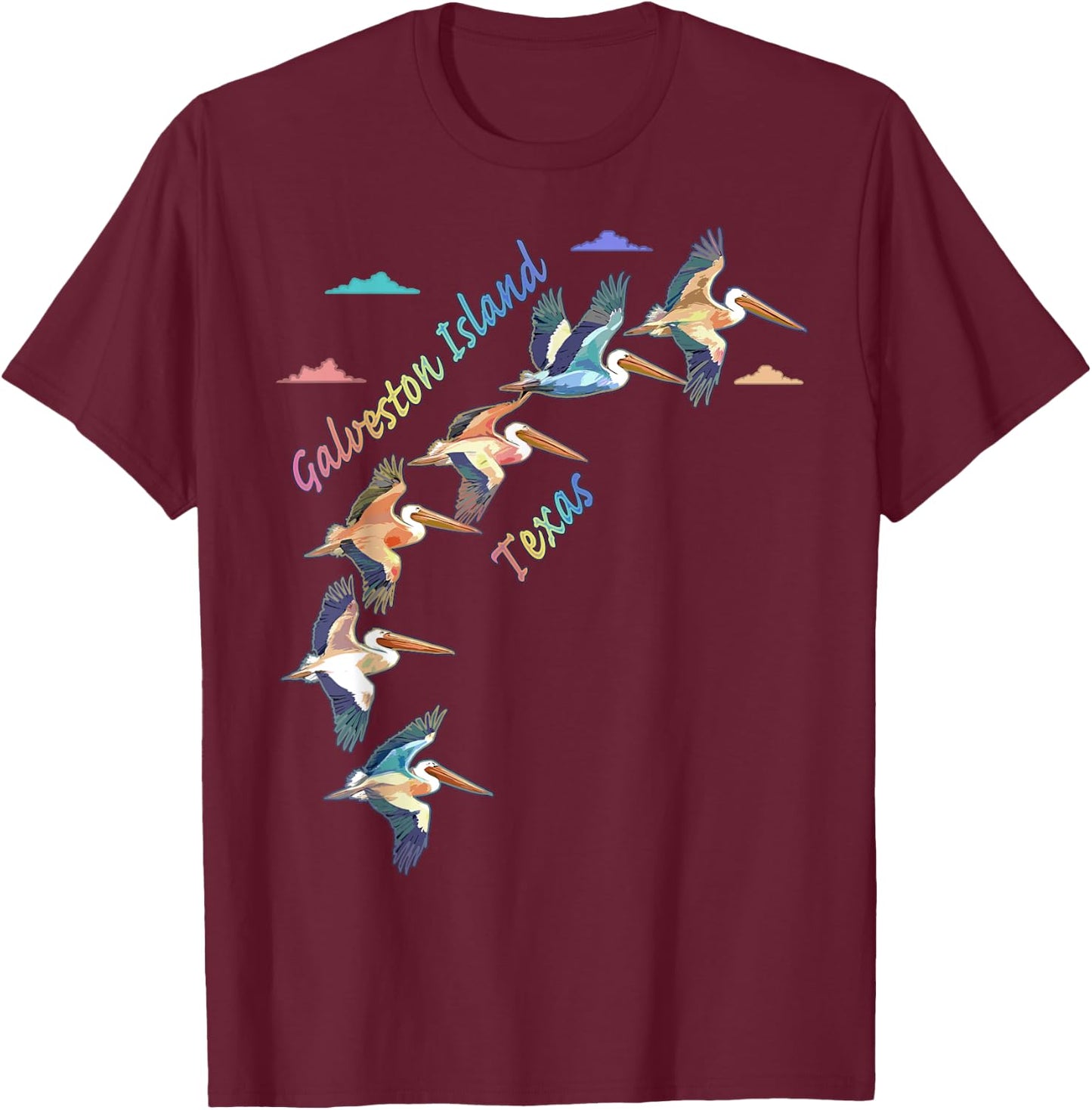 Galveston Island Texas Colorful Tie-Dye Pelican Art T-Shirt - T-Shirt | Maroon