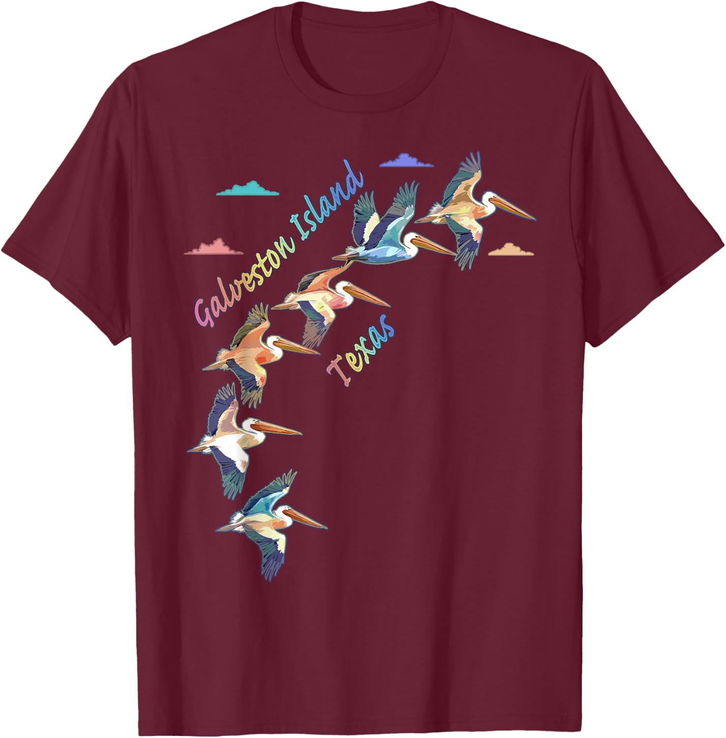 Galveston Island Texas Colorful Tie-Dye Pelican Art T-Shirt - T-Shirt | Maroon