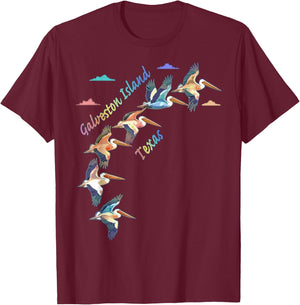 Galveston Island Texas Colorful Tie-Dye Pelican Art T-Shirt - T-Shirt | Maroon