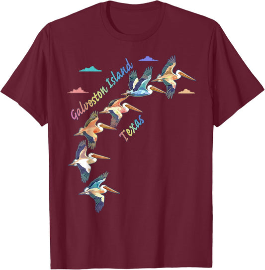 Galveston Island Texas Colorful Tie-Dye Pelican Art T-Shirt - T-Shirt | Maroon
