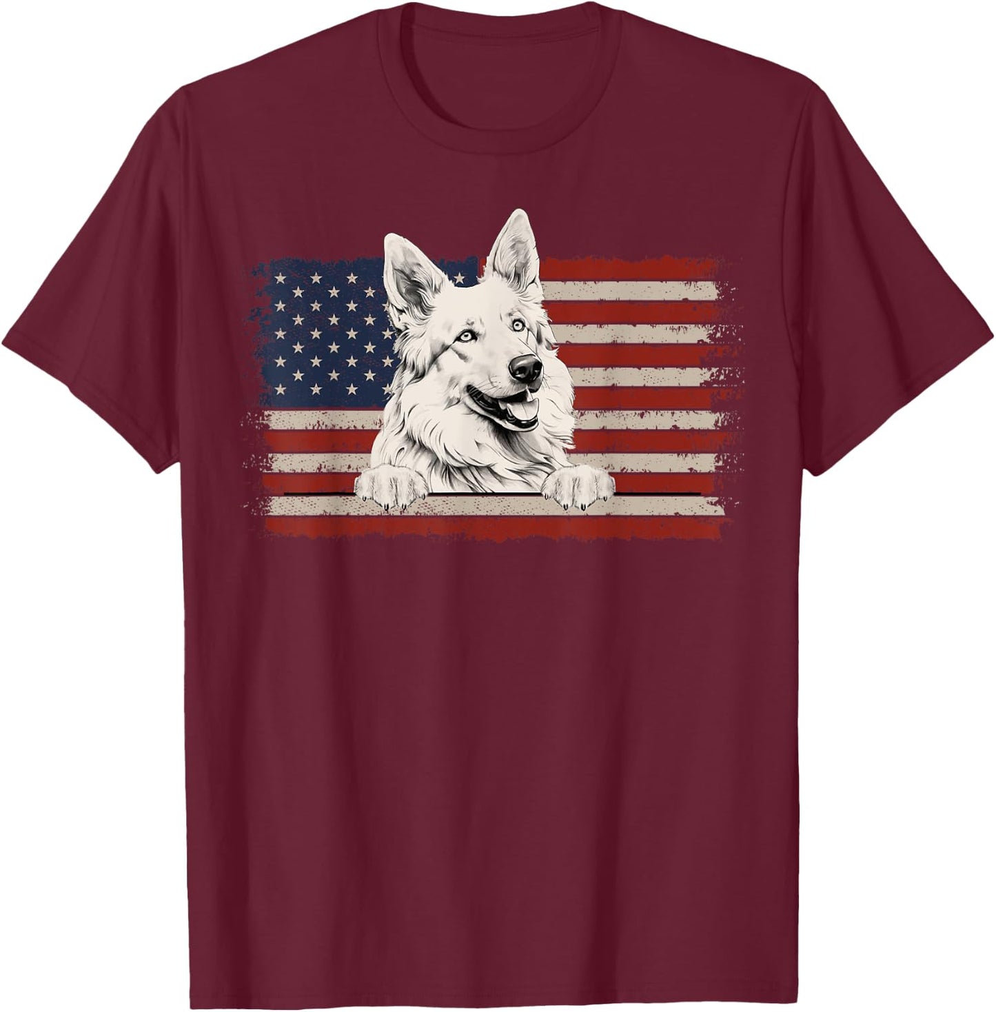 Patriotic White Swiss Shepherd American Flag USA 4th of July T-Shirt - T-Shirt | Maroon