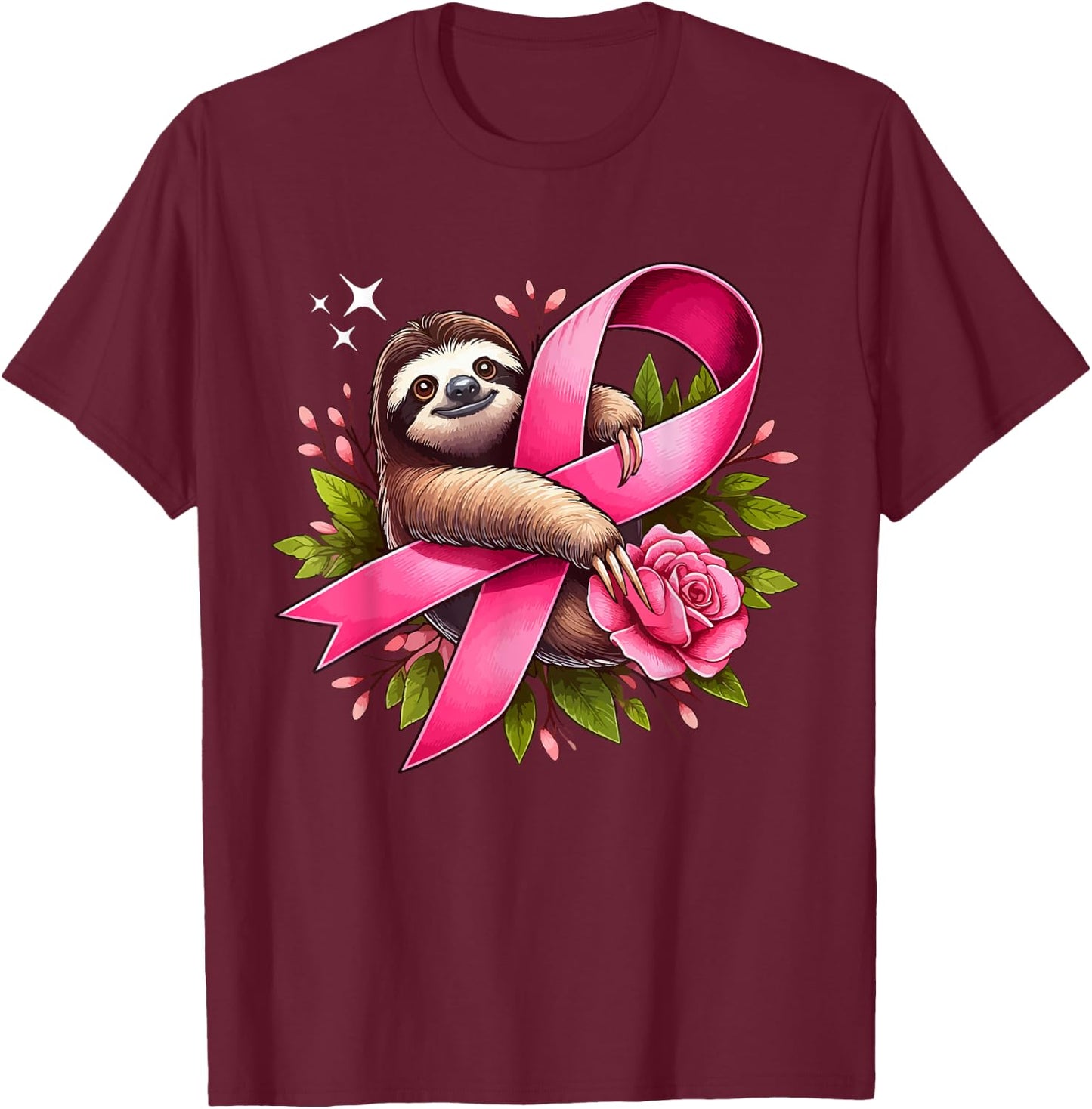 Sloth Holding Breast Cancer Awareness Ribbon Proud Costume T-Shirt - T-Shirt | Maroon