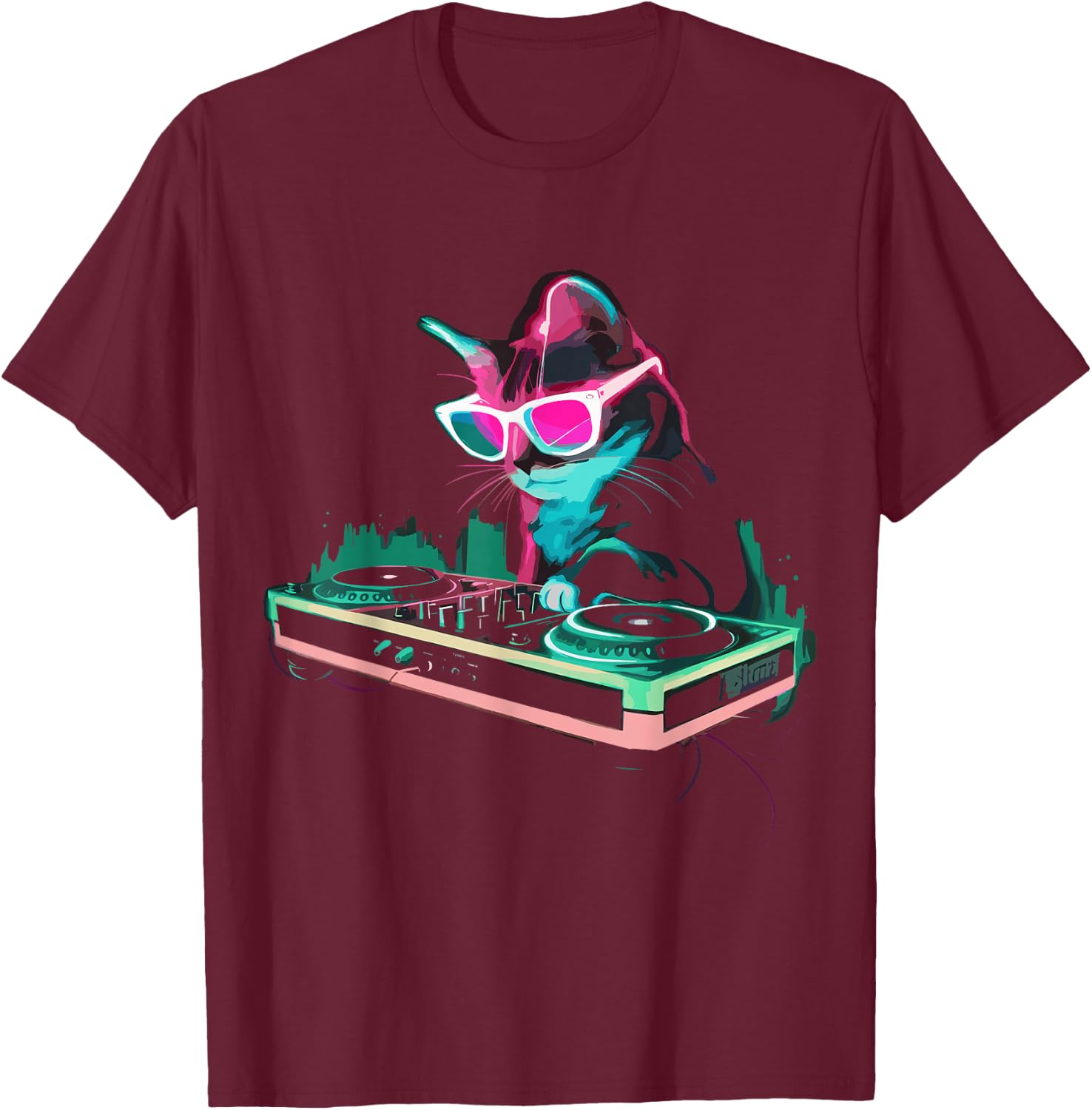 House DJ Cat Rainbow DJ Cat Kitty on Turntable Disco DJ Cat , Small, Black T-Shirt - T-Shirt | Maroon