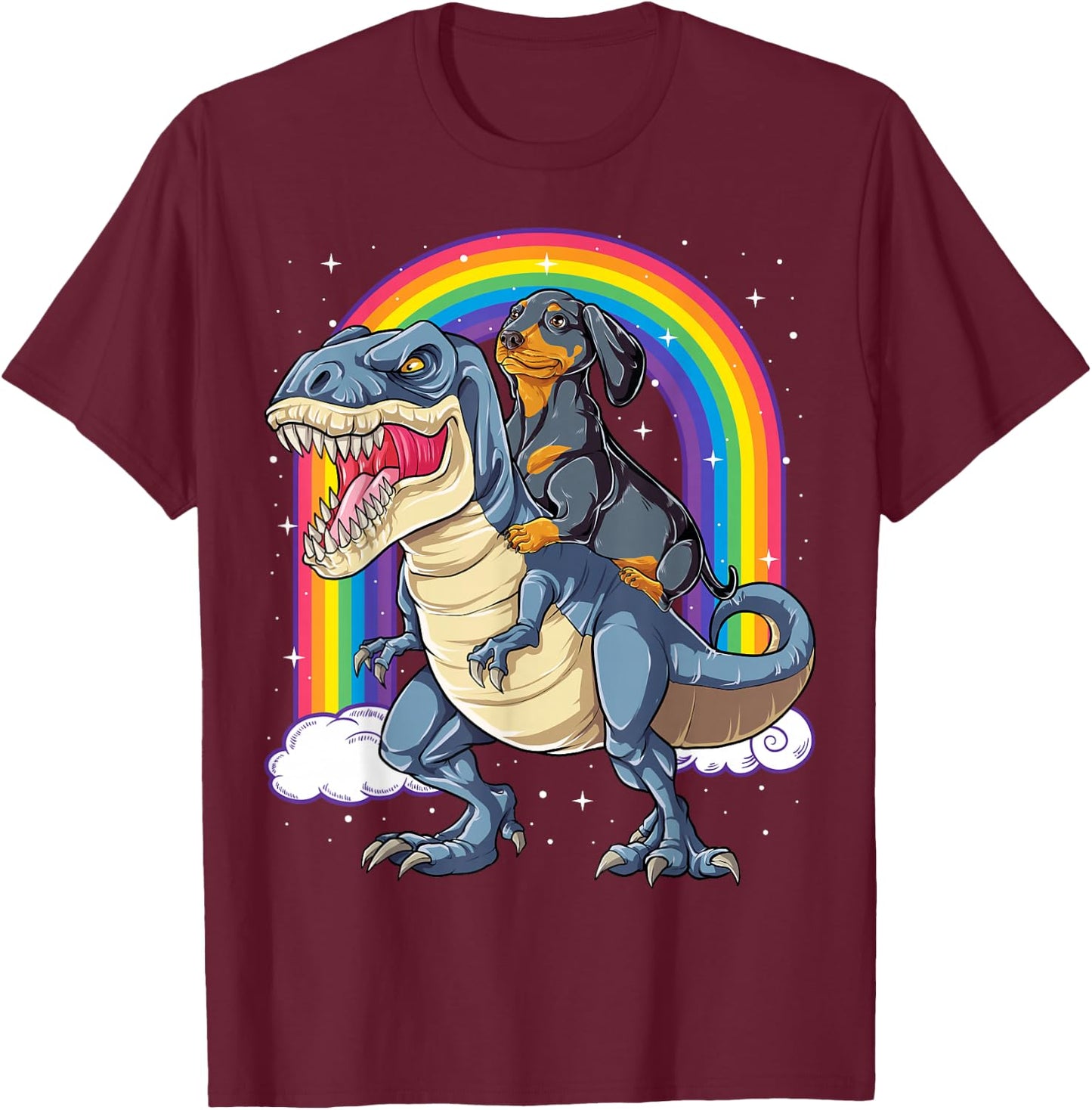 Dachshund Riding Dinosaur T-rex Boys Girls Rainbow Men Women T-Shirt - T-Shirt | Maroon