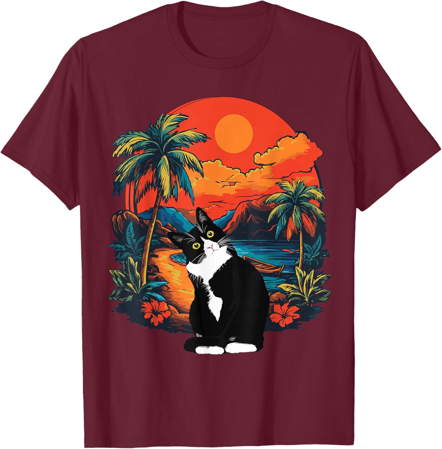 Hawaiian Tropical Tuxedo Cat Mom Dad Gift Animal Lovers T-Shirt - T-Shirt | Maroon