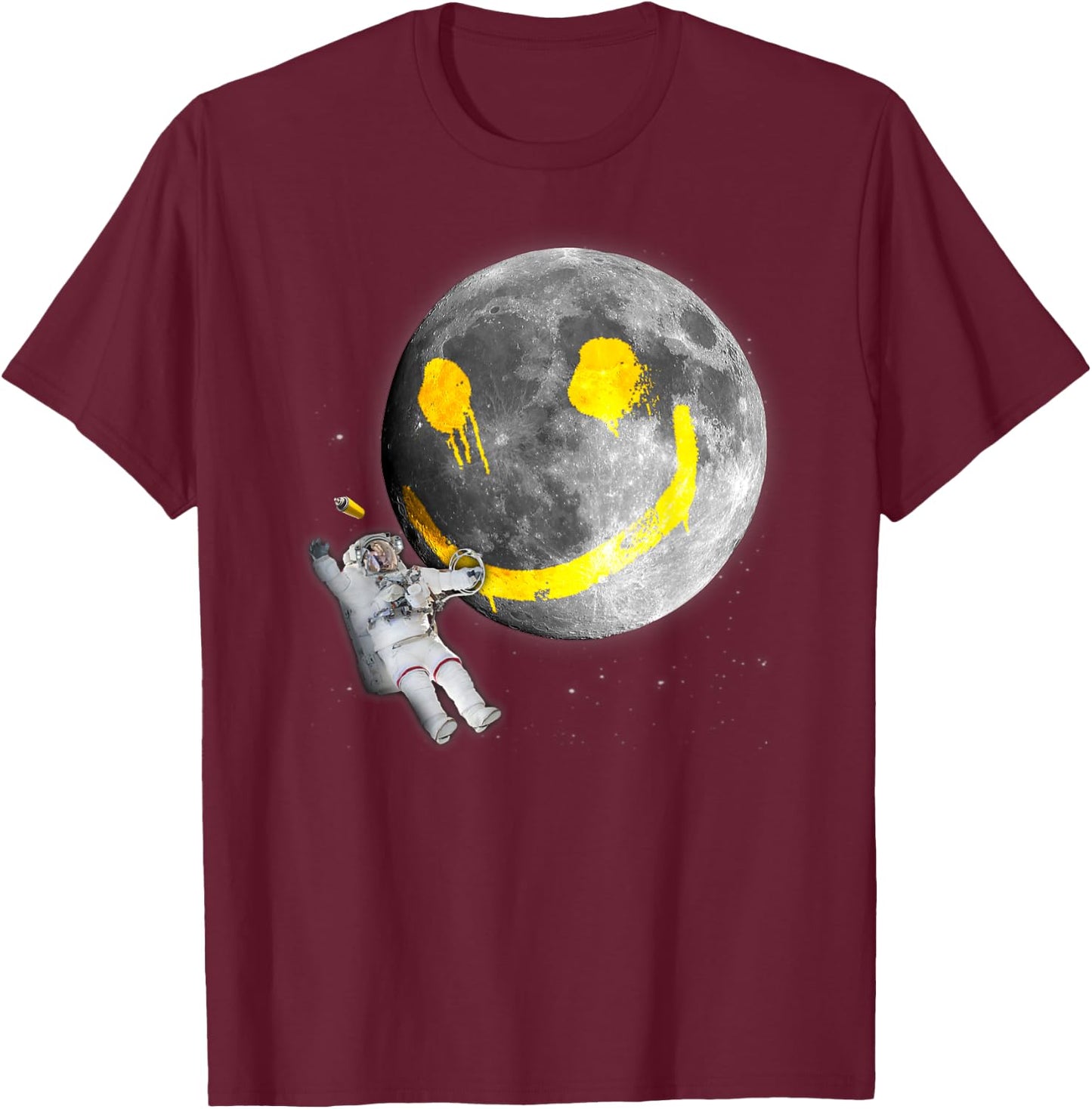 "Happy Face Moon Graffiti" Astronaut Space Nerd T-Shirt - T-Shirt | Maroon