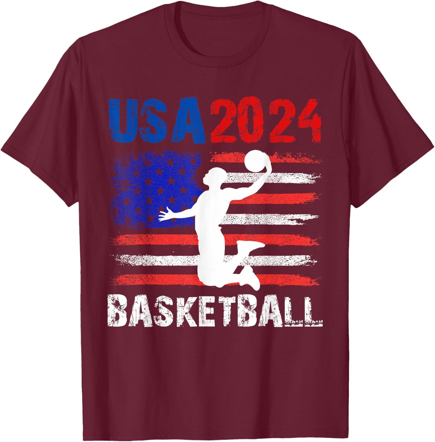Basketball 2024 USA American Flag Design 4th Of July T-Shirt - T-Shirt | Maroon