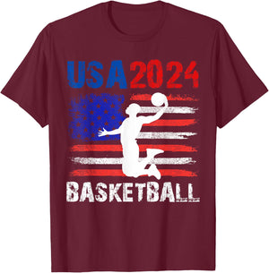 Basketball 2024 USA American Flag Design 4th Of July T-Shirt - T-Shirt | Maroon