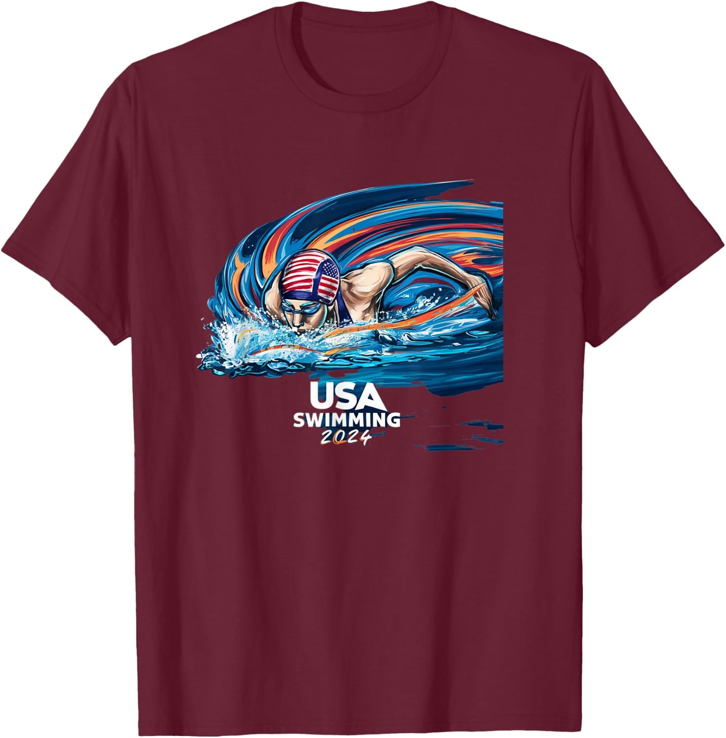 USA Swimming 2024 Riding The Waves Swimming Fans T-Shirt - T-Shirt | Maroon