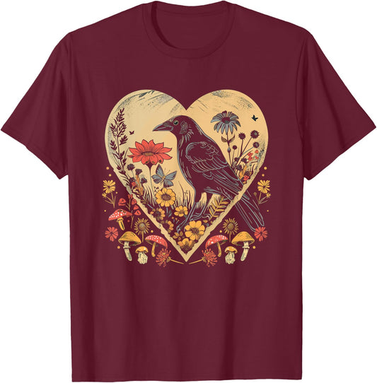 Black Raven Cottagecore Heart Flower Crow Nature T-Shirt - T-Shirt | Maroon