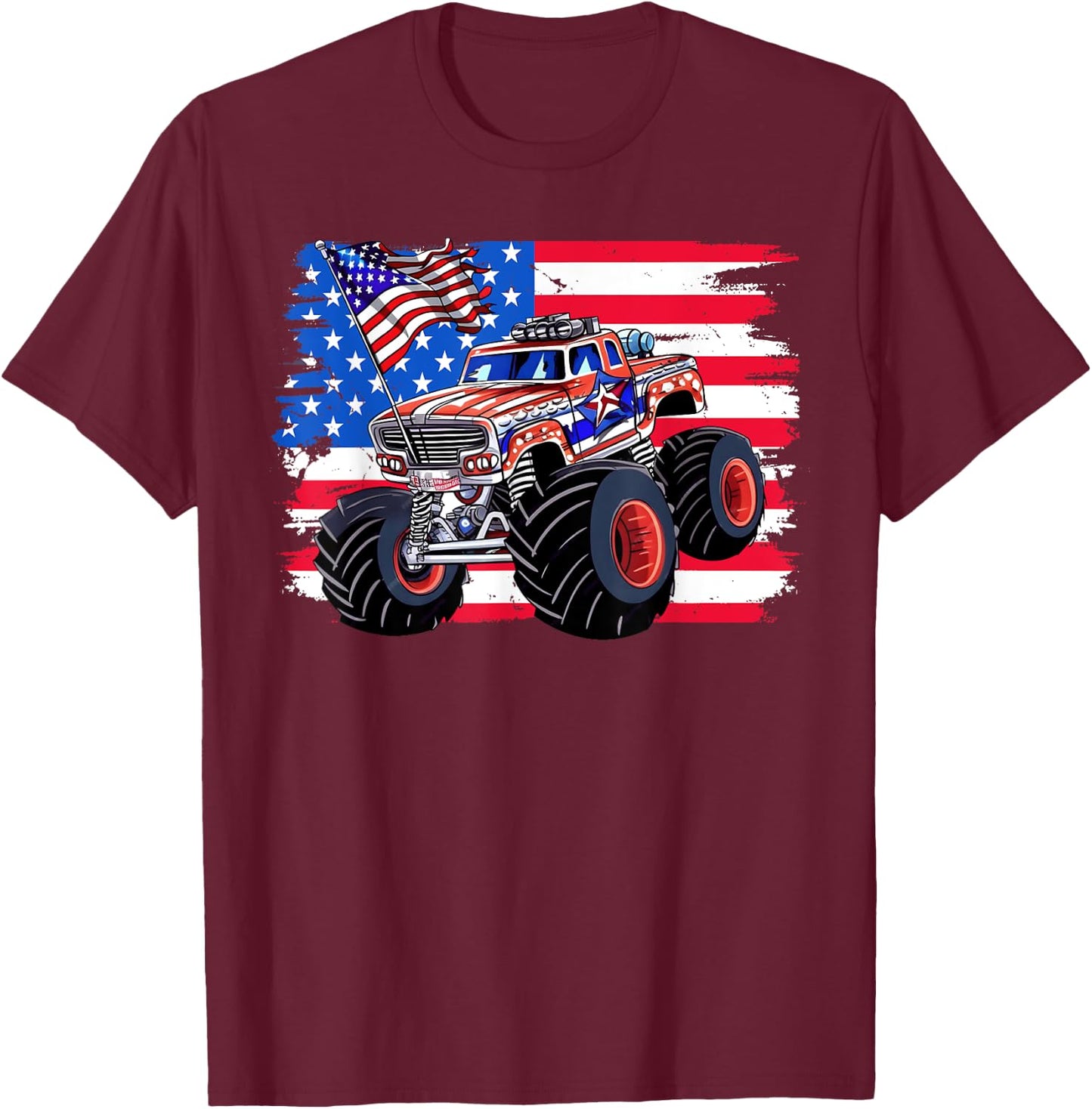 Monster Truck 4th Of July Shirt Boys American Flag Men USA T-Shirt - T-Shirt | Maroon