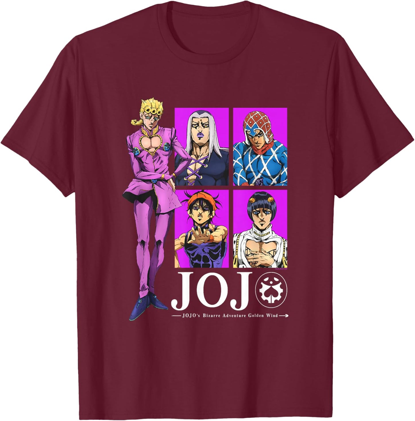 JoJo Golden Wind Giorno Abbacchio Mista Narancia Bruno Gang T-Shirt - T-Shirt | Maroon