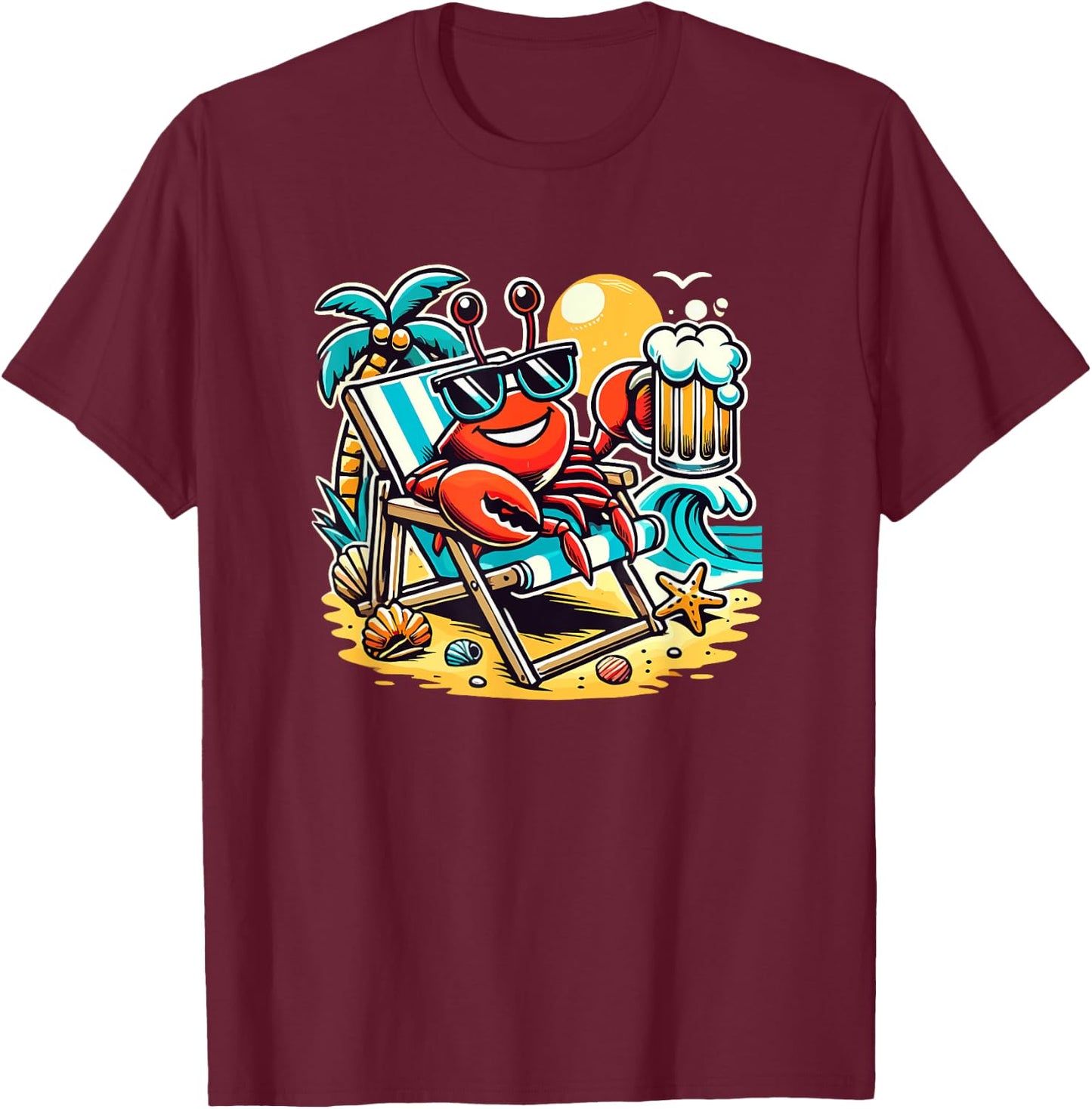 Funny Crab Drinking Beer Beach Men Women T-Shirt - T-Shirt | Maroon