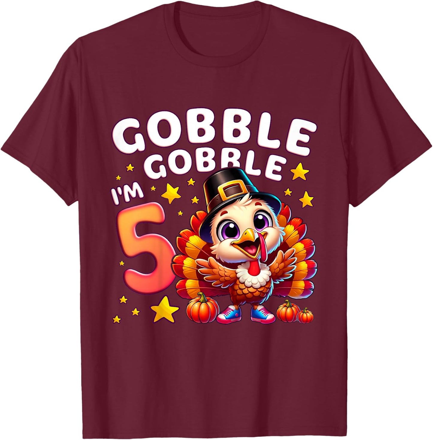 Kids 5th Birthday Girl Thanksgiving Turkey Gobble Gobble I'm 5 T-Shirt - T-Shirt | Maroon