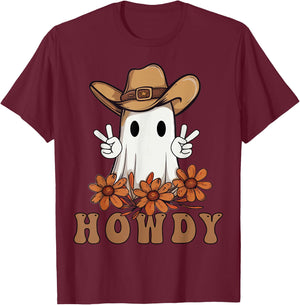 Retro Western Halloween Cowboy Ghost Howdy Cowgirl Ghost Boo T-Shirt - T-Shirt | Maroon