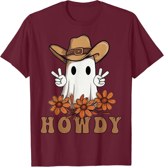 Retro Western Halloween Cowboy Ghost Howdy Cowgirl Ghost Boo T-Shirt - T-Shirt | Maroon